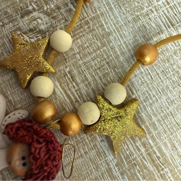 Gold & Cream Clay Angel with Stars and beads Necklace, 26" - Picture 3 of 13